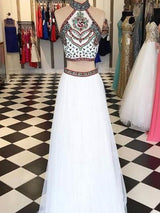 A-Line/Princess Halter Floor Length Net Prom Formal Evening Dress with Beading