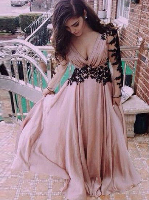 A-Line/Princess V-neck Floor Length Chiffon Prom Formal Evening Dress with Applique