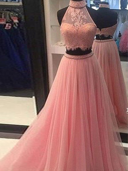 A-Line/Princess High Neck Floor Length Tulle Prom Formal Evening Dress with Lace