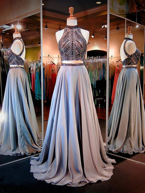 A-Line/Princess High Neck Sweep/Brush Train Satin Prom Formal Evening Dress with Beading
