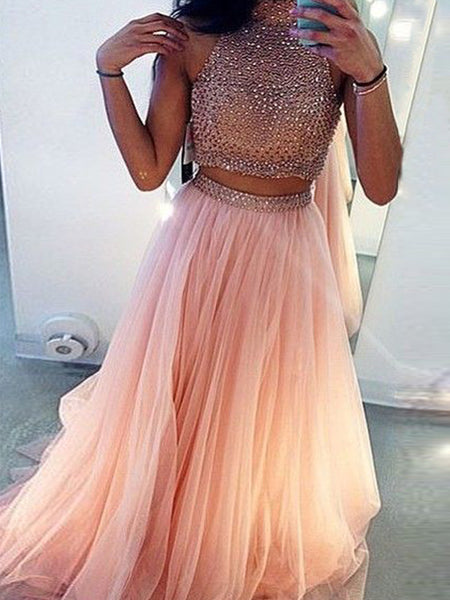 A-Line/Princess High Neck Sweep/Brush Train Tulle Prom Formal Evening Dress with Beading
