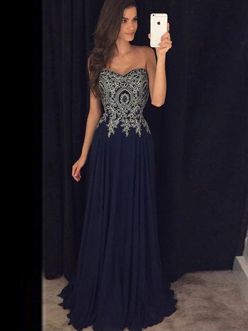 A-Line/Princess Sweetheart Floor Length Chiffon Prom Formal Evening Dress with Applique
