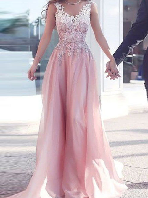 A-Line/Princess Sweetheart Floor Length Chiffon Prom Formal Evening Dress with Applique