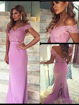Sheath/Column Off-the-shoulder Floor Length Stain Prom Formal Evening Dress with Lace
