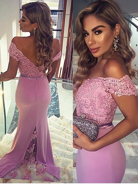 Sheath/Column Off-the-shoulder Floor Length Stain Prom Formal Evening Dress with Lace