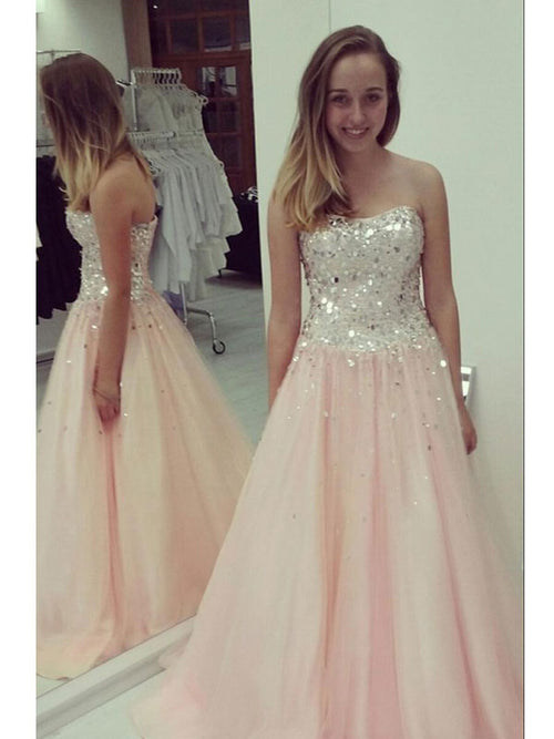 A-Line/Princess Strapless Sequin Floor Length Tulle Prom Evening Dress