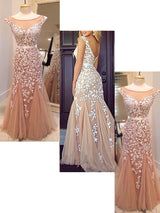 Sheath/Column Bateau Floor Length Tulle Prom Formal Evening Dress with Applique