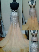 Trumpet/Mermaid Halter Court Train Tulle Prom Formal Evening Dress with Sequin