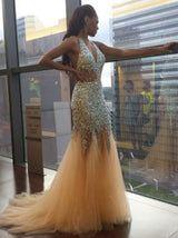 Trumpet/Mermaid Halter Court Train Tulle Prom Formal Evening Dress with Sequin
