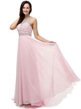 A-Line/Princess High Neck Floor Length Chiffon Prom Formal Evening Dress with Beading
