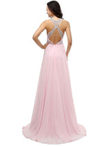 A-Line/Princess High Neck Floor Length Chiffon Prom Formal Evening Dress with Beading