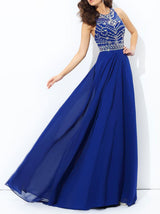 A-Line/Princess High Neck Floor Length Chiffon Prom Formal Evening Dress with Beading