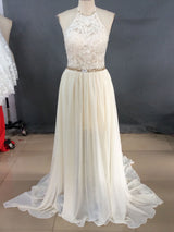 Sheath/Column Halter Sweep/Brush Train Chiffon Prom Formal Evening Dress with Lace