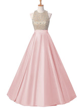 Ball Gown Jewel Floor Length Satin Prom Formal Evening Dress with Crystal