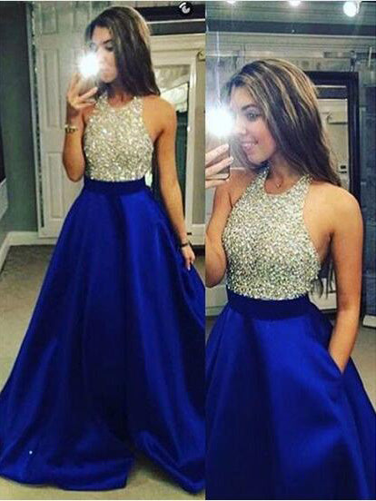 Ball Gown Jewel Floor Length Satin Prom Formal Evening Dress with Crystal