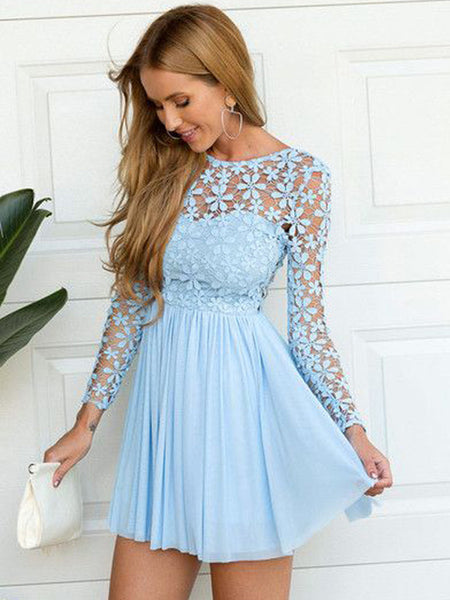 A-Line/Princess Scoop Chiffon Long Sleeves Short Short/Mini Prom Evening Dress with Lace