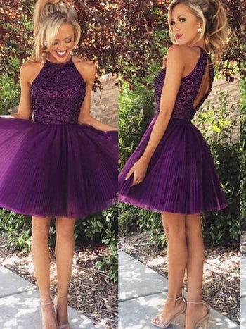 Sheath/Column Halter Short/Mini Tulle Prom Formal Evening Dress with Beading