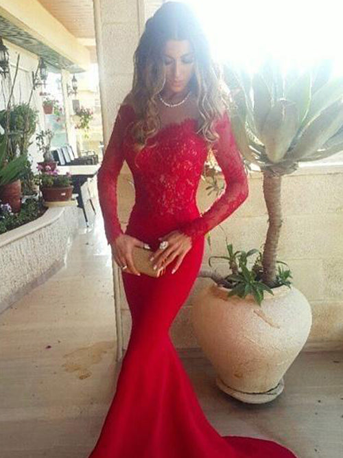 Trumpet/Mermaid Off-the-shoulder Sweep/Brush Train Satin Prom Evening Dress with Lace