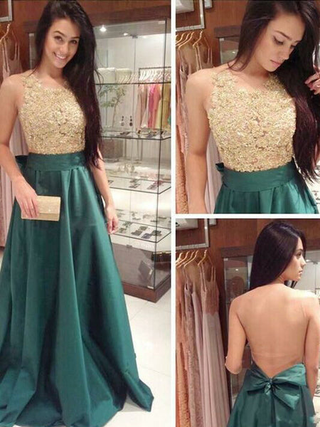 A-Line/Princess Scoop Floor Length Satin Prom Formal Evening Dress with Bowknot