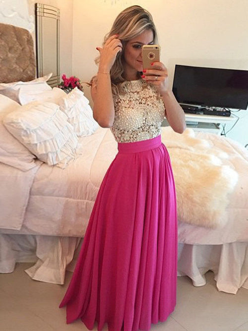 A-Line/Princess Scoop Floor Length Chiffon Prom Formal Evening Dress with Lace