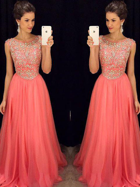 A-Line/Princess Scoop Floor Length Chiffon Prom Formal Evening Dress with Beading