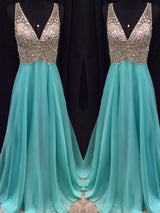 A-Line/Princess V-neck Floor Length Chiffon Prom Formal Evening Dress with Beading