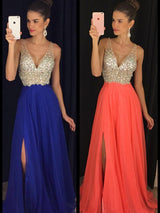 A-Line/Princess V-neck Floor Length Chiffon Prom Formal Evening Dress with Beading