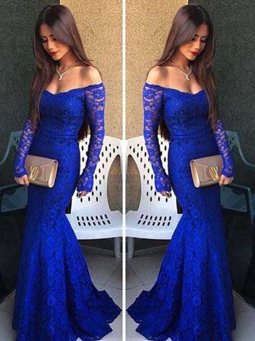 Trumpet/Mermaid Off-the-shoulder Floor Length Lace Prom Formal Evening Dress with Lace