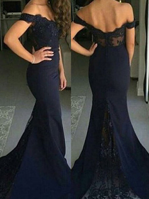 Trumpet/Mermaid Off-the-Shoulder Sweep/Brush Train Satin Prom Evening Dress with Lace