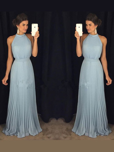 A-Line/Princess High Neck Floor Length Chiffon Prom Formal Evening Dress with Pleats