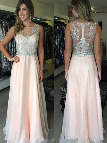 A-Line/Princess Scoop Floor Length Chiffon Prom Formal Evening Dress with Beading