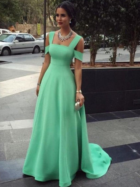 A-Line/Princess Straps Floor Length Satin Prom Formal Evening Dress with Beading