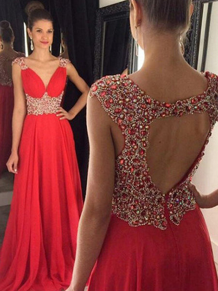 A-Line/Princess V-neck Floor Length Chiffon Prom Formal Evening Dress with Beading