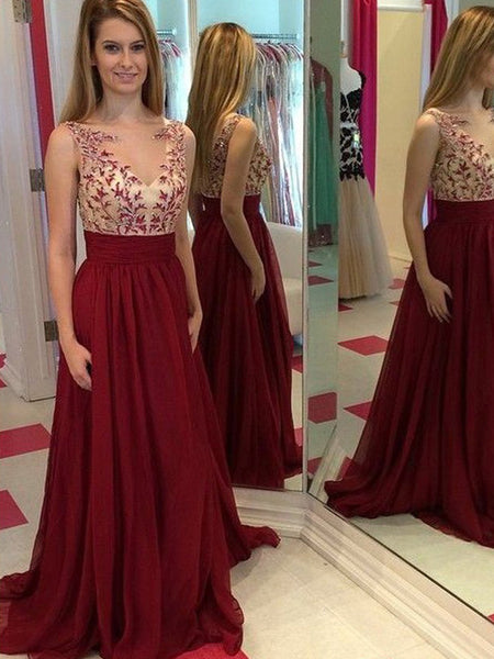 A-Line/Princess Bateau Floor Length Chiffon Prom Formal Evening Dress with Applique