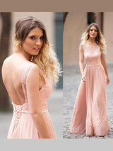 A-Line/Princess Scoop Floor Length Chiffon Prom Formal Evening Dress with Applique