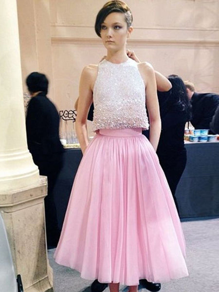 A-Line/Princess Scoop Tea-Length Tulle Prom Formal Evening Dress with Beading