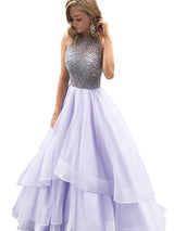 Ball Gown Scoop Floor Length Organza Prom Formal Evening Dress with Beading