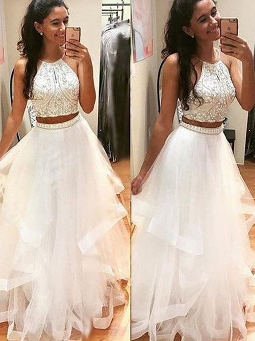 A-Line/Princess Halter Floor Length Tulle Two Piece Prom Dress with Beading