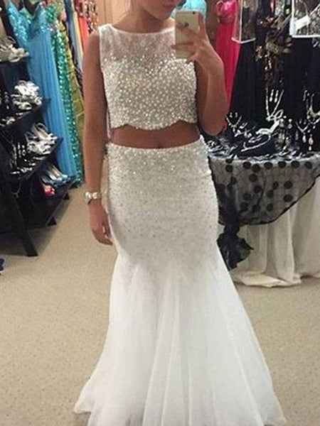 Trumpet/Mermaid Scoop Floor Length Tulle Two Piece Prom Dress with Beading