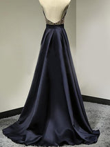 A-Line/Princess Halter Floor Length Satin Prom Formal Evening Dress with Beading