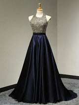 A-Line/Princess Halter Floor Length Satin Prom Formal Evening Dress with Beading