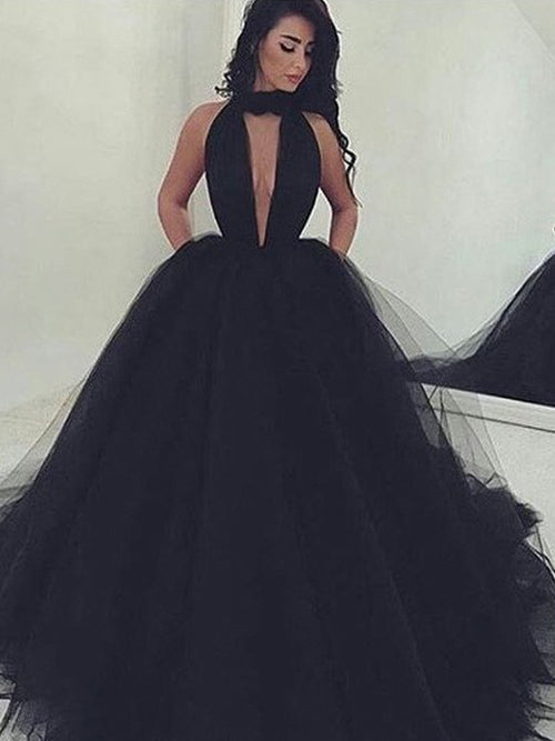 Ball Gown V-neck Floor Length Tulle Prom Formal Evening Dress with Beading