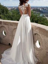 A-Line/Princess Scoop Sweep/Brush Train Chiffon Prom Formal Evening Dress with Applique
