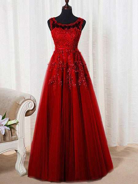 A-Line/Princess Scoop Floor Length Tulle Prom Formal Evening Dress with Beading