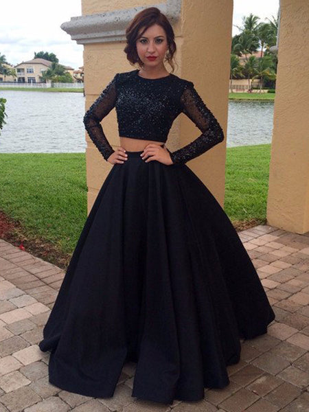 Ball Gown Scoop Floor Length Satin Long Sleeves Two Piece Prom Evening Dress with Beading