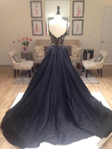 A-Line/Princess V-neck Sweep/Brush Train Taffeta Prom Formal Evening Dress with Beading