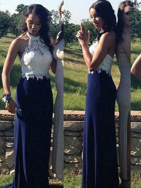 Sheath/Column Halter Floor Length Chiffon Prom Formal Evening Dress with Lace