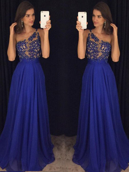 A-Line/Princess One-shoulder Floor Length Chiffon Prom Evening Dress with Beading