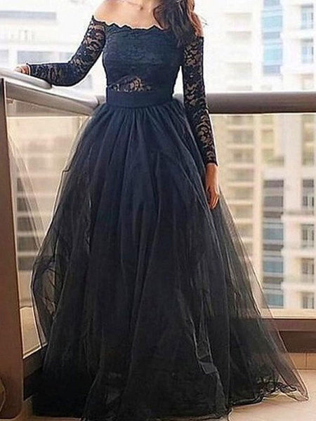 A-Line/Princess Off-the-shoulder Floor Length Tulle Prom Formal Evening Dress with Lace