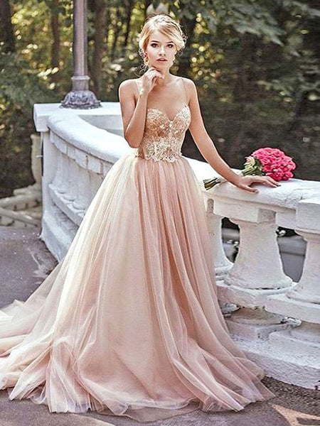 A-Line/Princess Sweetheart Sweep/Brush Train Tulle Prom Evening Dress with Beading
